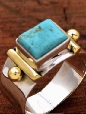 Silver Ring with Gold Accents and Turquoise Stone